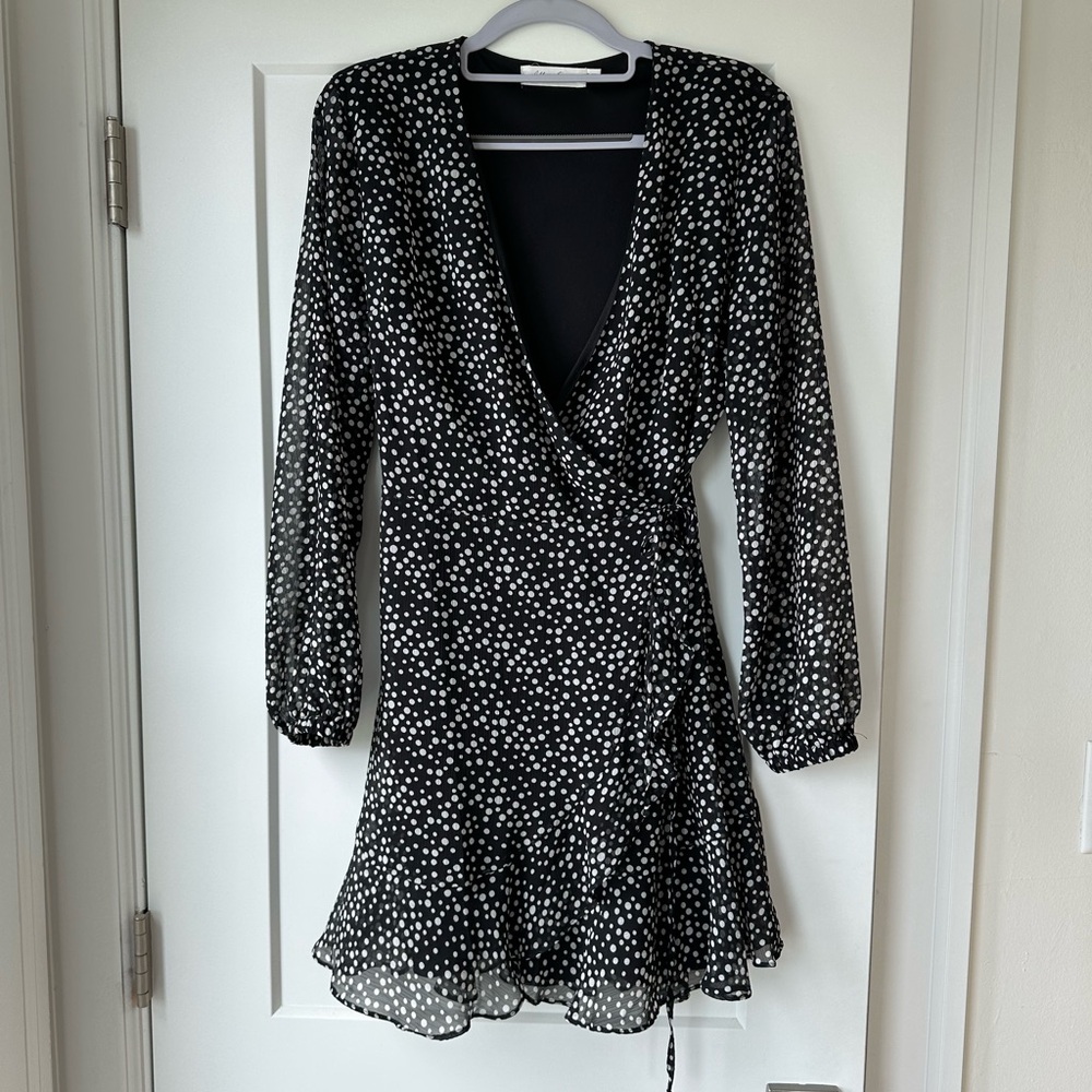 All in Favor Black and White Long, Sheer Sleeve Dress